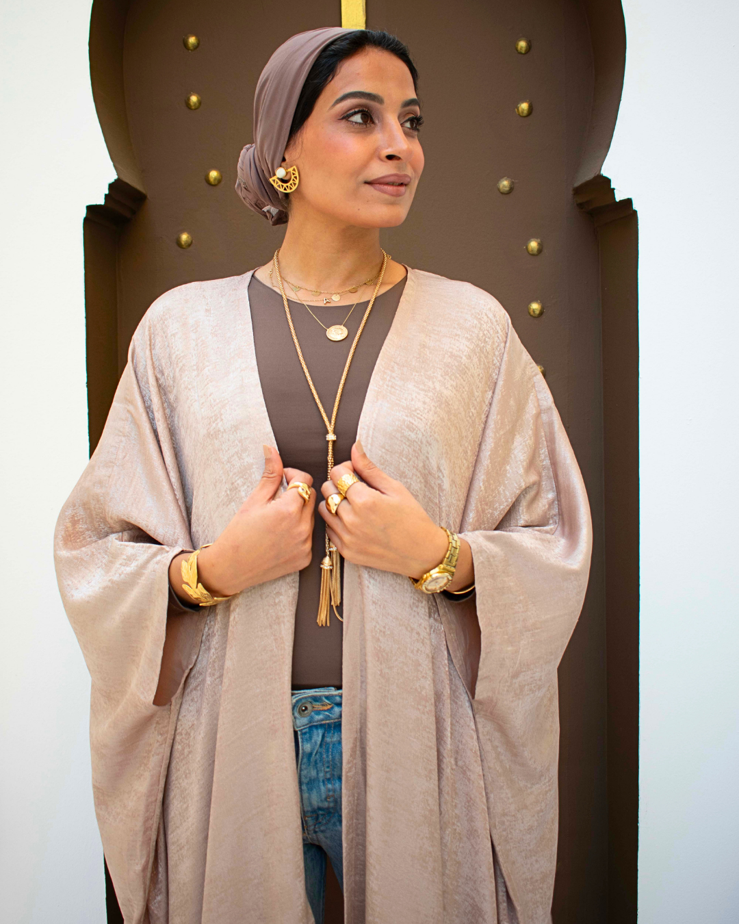 Beige metallic open abaya