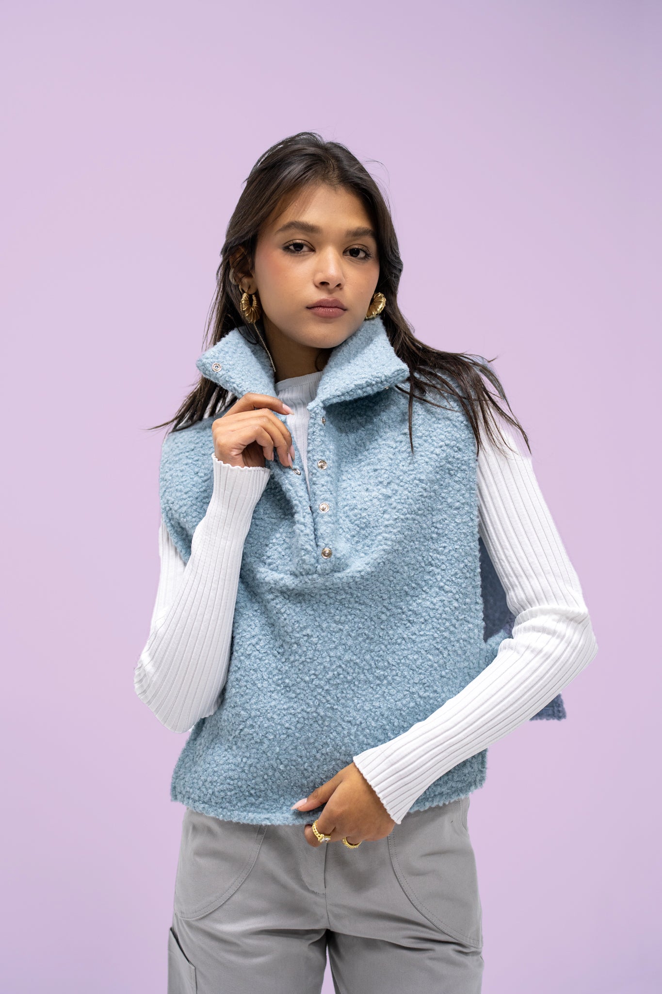 Willow Fuzzy Baby-Blue Sleeveless Jacket