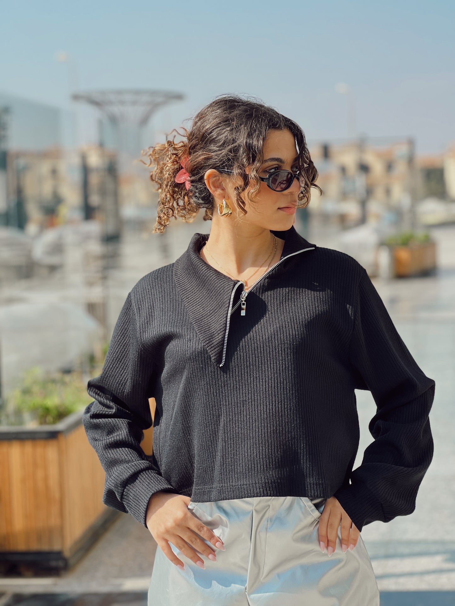 Black crop top with silver zip